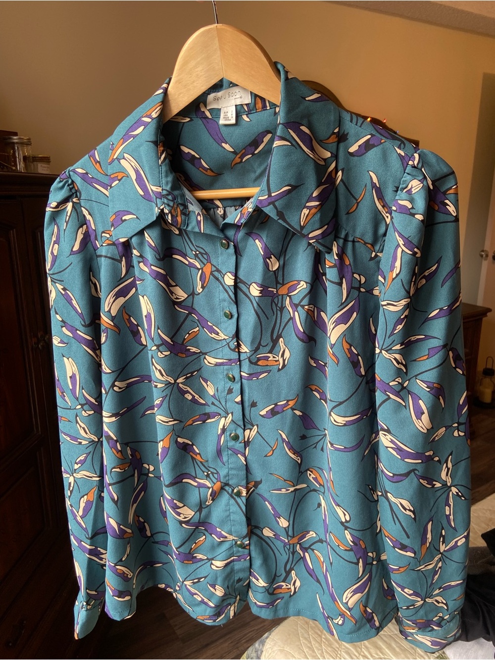 See U Soon Retro Blue / Teal Blouse with Abstract Botanical Print in Women’s M